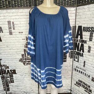 Woman Within 14/16 Blue Tie-Dye Trim Cold Shoulder 3/4 Sleeve Tunic Tee